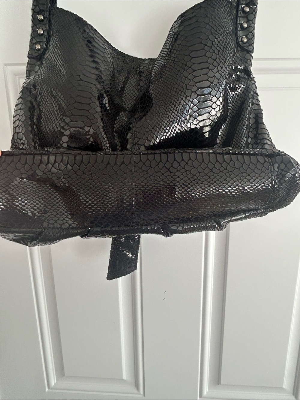 Vintage Y2K Perlina Studio Black Snakeskin Embossed Leather Rope Handle Hobo Bag - Picture 9 of 16